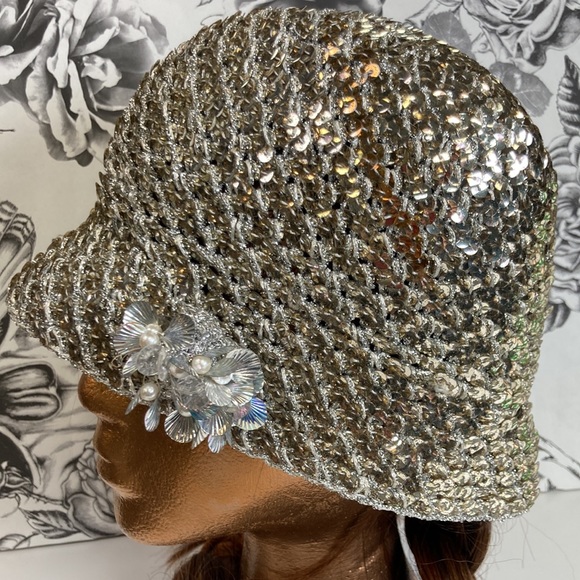Adolfo II Vintage 60s Mixed Metals Sequin & Metallic Thread Crochet Bucket Hat - Picture 4 of 11